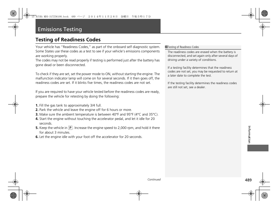 Emissions testing p. 489, Testing of readiness codes p. 489, Emissions testing | Testing of readiness codes | Acura 2015 MDX - Owner's Manual (Revised 12/12/2014) User Manual | Page 490 / 505