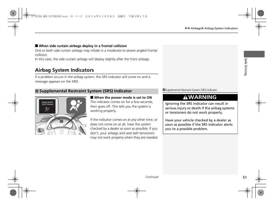 Airbag system indicators, Warning | Acura 2015 MDX - Owner's Manual (Revised 12/12/2014) User Manual | Page 52 / 505