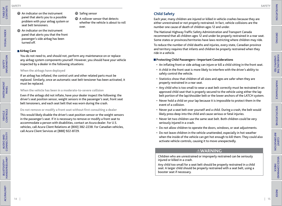 Child safety, Warning | Acura 2015 RDX - Owner's Guide (Revised 10/11/2014) User Manual | Page 11 / 71