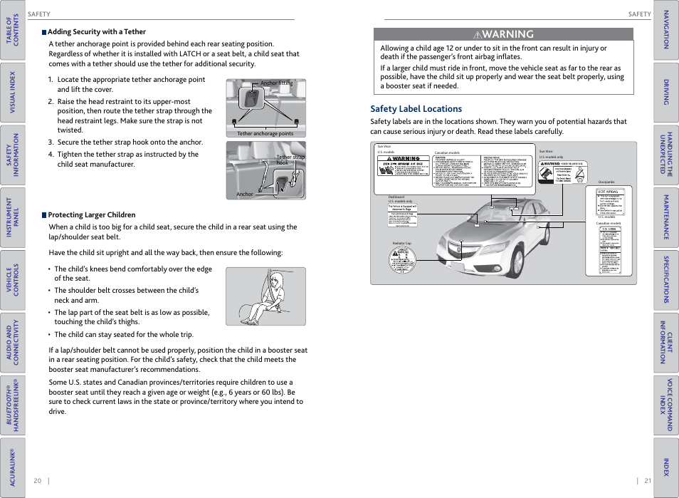 Safety label locations, Warning | Acura 2015 RDX - Owner's Guide (Revised 10/11/2014) User Manual | Page 14 / 71