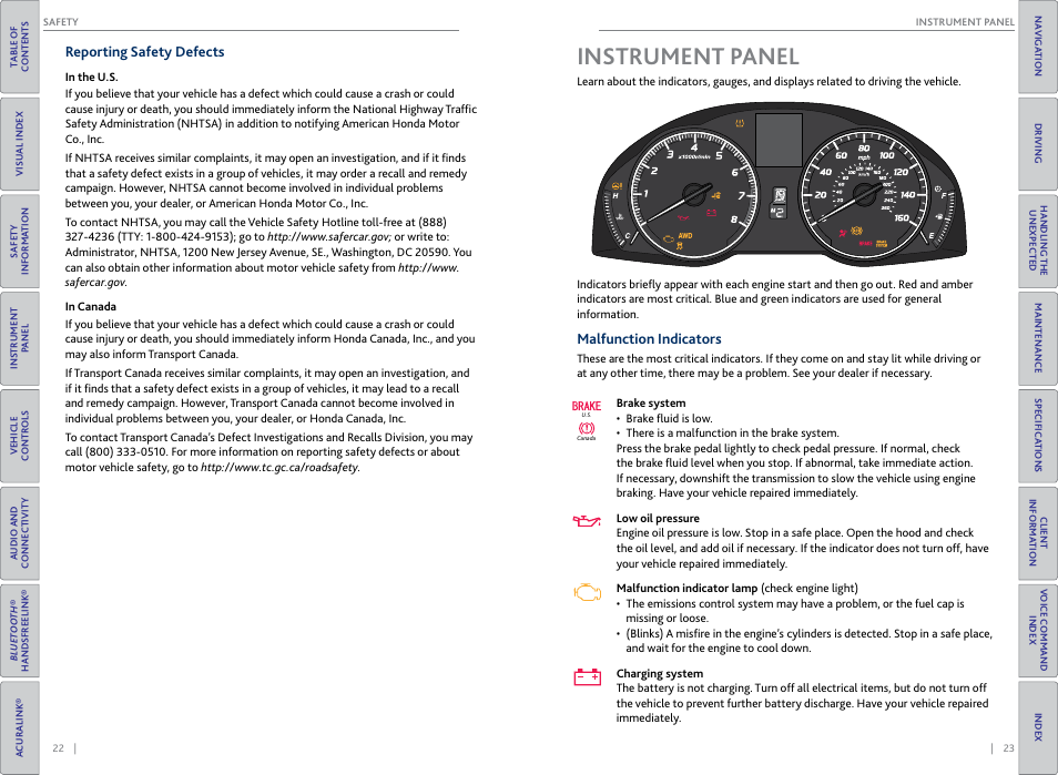 Reporting safety defects, Instrument panel, Malfunction indicators | Instrument, Panel, P. 23 | Acura 2015 RDX - Owner's Guide (Revised 10/11/2014) User Manual | Page 15 / 71