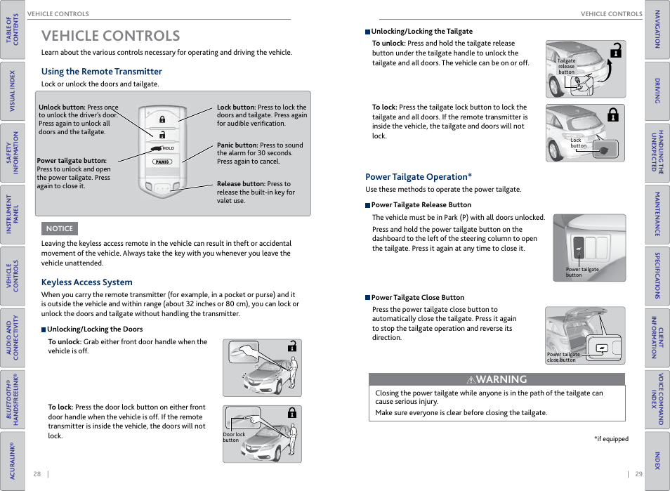 Vehicle controls, Using the remote transmitter, Keyless access system | Power tailgate operation, Vehicle, Contr, P. 29, Warning | Acura 2015 RDX - Owner's Guide (Revised 10/11/2014) User Manual | Page 18 / 71