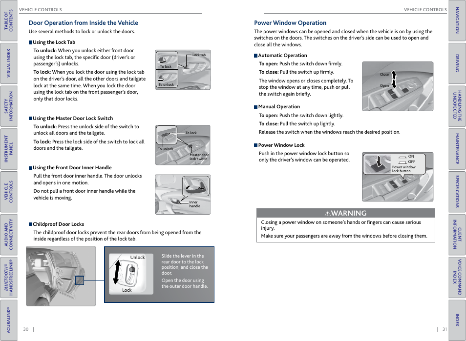 Door operation from inside the vehicle, Power window operation, P. 31 | P. 30, Warning | Acura 2015 RDX - Owner's Guide (Revised 10/11/2014) User Manual | Page 19 / 71