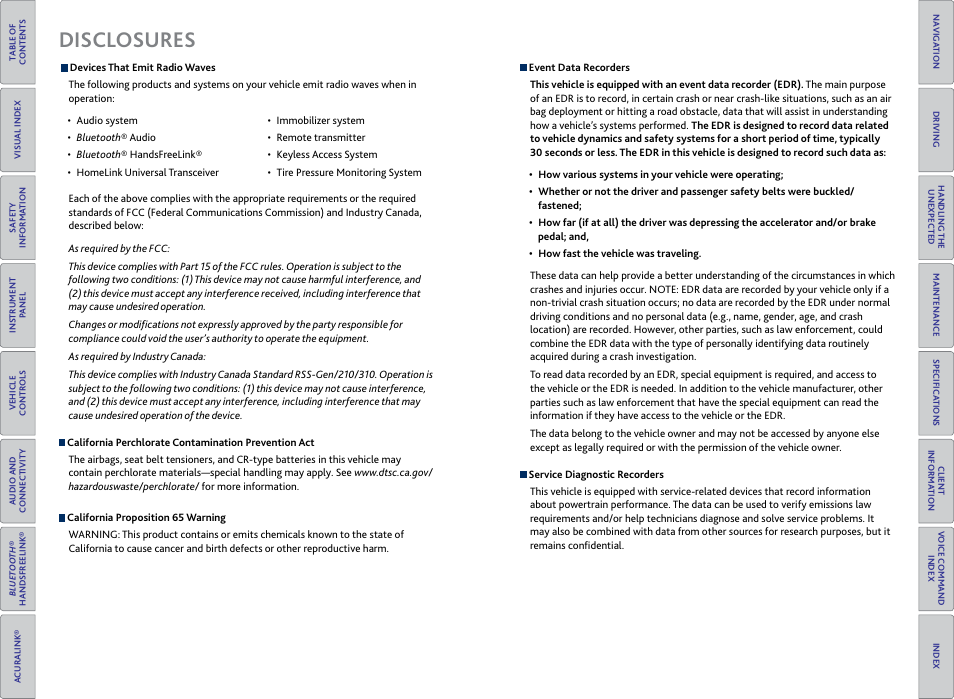 Disclosures | Acura 2015 RDX - Owner's Guide (Revised 10/11/2014) User Manual | Page 2 / 71