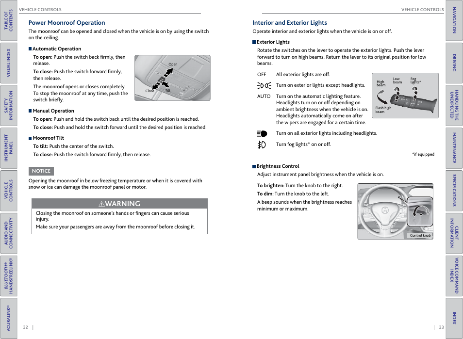 Power moonroof operation, Interior and exterior lights, P. 33, 34 | P. 33, P. 32, Warning | Acura 2015 RDX - Owner's Guide (Revised 10/11/2014) User Manual | Page 20 / 71