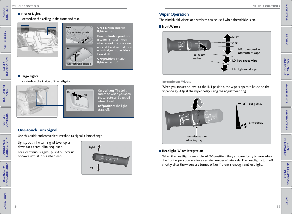 One-touch turn signal, Wiper operation, One-touch turn signal wiper operation | P. 35 | Acura 2015 RDX - Owner's Guide (Revised 10/11/2014) User Manual | Page 21 / 71
