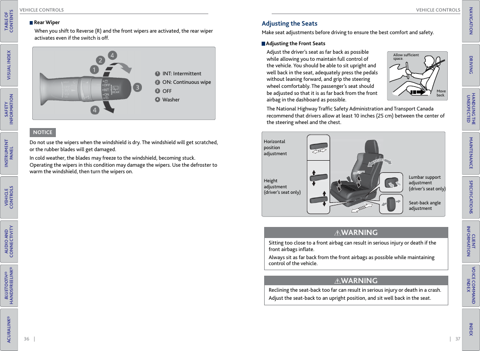 Adjusting the seats, Warning | Acura 2015 RDX - Owner's Guide (Revised 10/11/2014) User Manual | Page 22 / 71