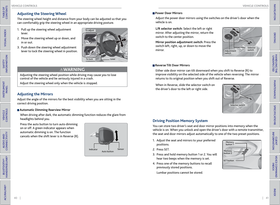 Adjusting the steering wheel, Adjusting the mirrors, Driving position memory system | P. 40, P. 41, Warning | Acura 2015 RDX - Owner's Guide (Revised 10/11/2014) User Manual | Page 24 / 71