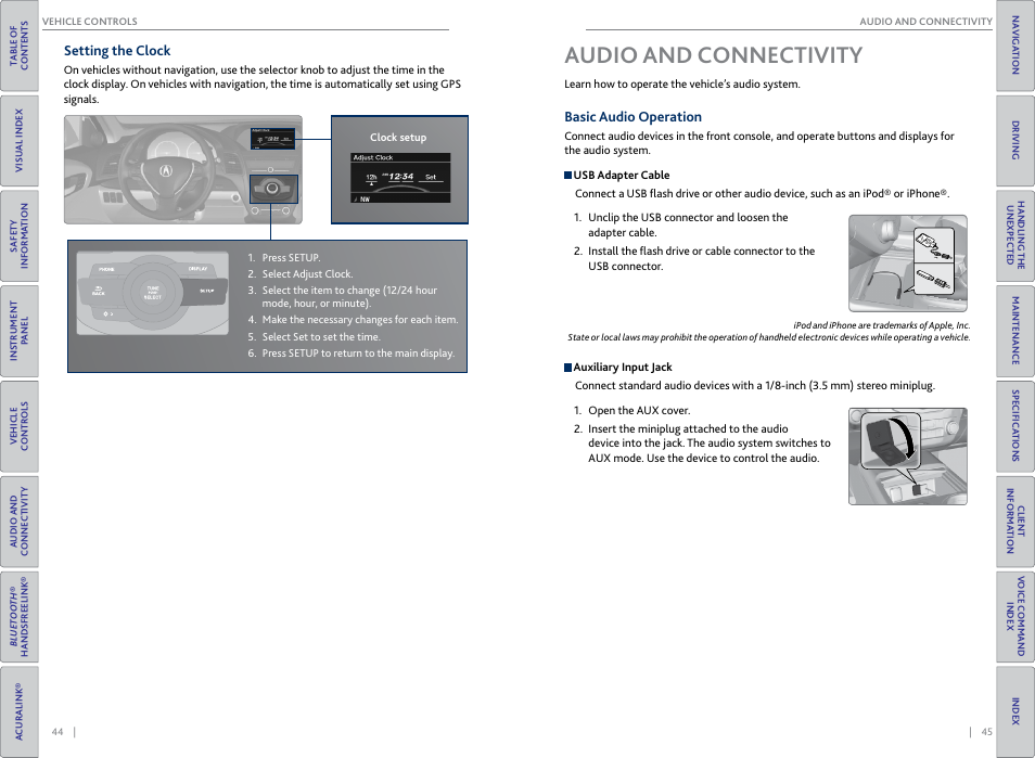Audio and connectivity, Basic audio operation, Audio and | Connectivity, Seat heaters, Setting the clock, P. 45 | Acura 2015 RDX - Owner's Guide (Revised 10/11/2014) User Manual | Page 26 / 71