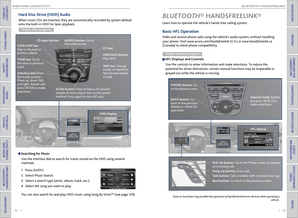 Bluetooth® handsfreelink, Basic hfl operation, Handsfreelink | Bluetooth ® handsfreelink® 63, Bluetooth ® handsfreelink | Acura 2015 RDX - Owner's Guide (Revised 10/11/2014) User Manual | Page 35 / 71