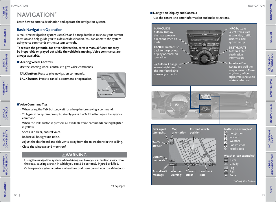 Navigation, Basic navigation operation, Na viga | Tion, Warning | Acura 2015 RDX - Owner's Guide (Revised 10/11/2014) User Manual | Page 40 / 71