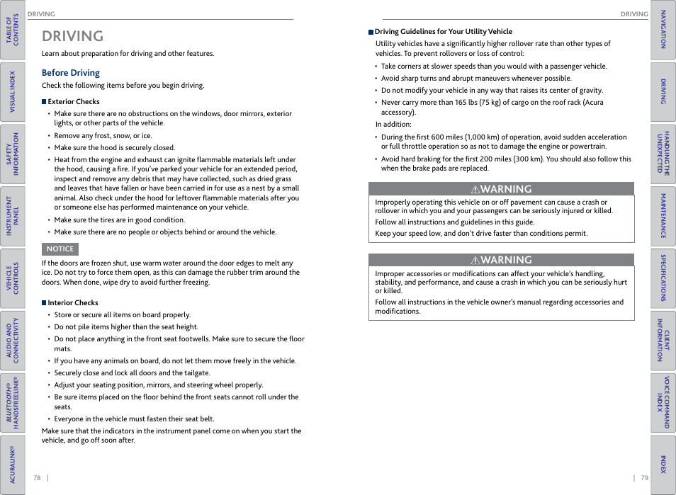 Driving, Before driving, Maximum load limit | Before driving maximum load limit, Warning | Acura 2015 RDX - Owner's Guide (Revised 10/11/2014) User Manual | Page 43 / 71