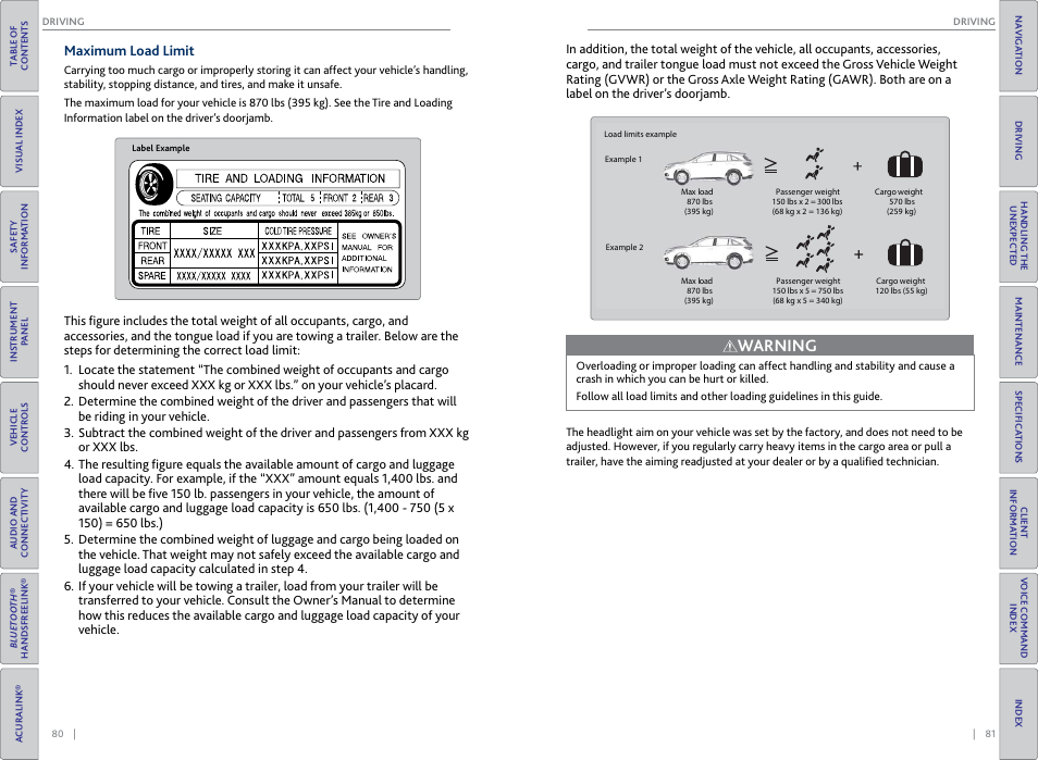 Towing a trailer, Warning, Maximum load limit | Acura 2015 RDX - Owner's Guide (Revised 10/11/2014) User Manual | Page 44 / 71