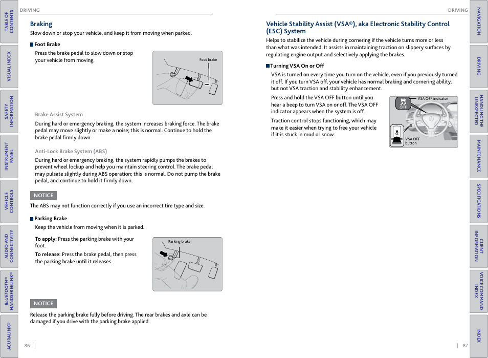 Braking, P. 87 | Acura 2015 RDX - Owner's Guide (Revised 10/11/2014) User Manual | Page 47 / 71