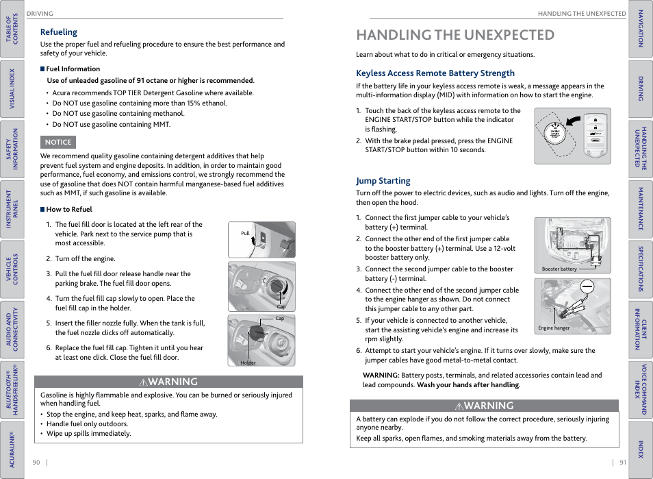 Refueling, Handling the unexpected, Keyless access remote battery strength | Jump starting, Handling the, Unexpected, P. 90, Warning | Acura 2015 RDX - Owner's Guide (Revised 10/11/2014) User Manual | Page 49 / 71