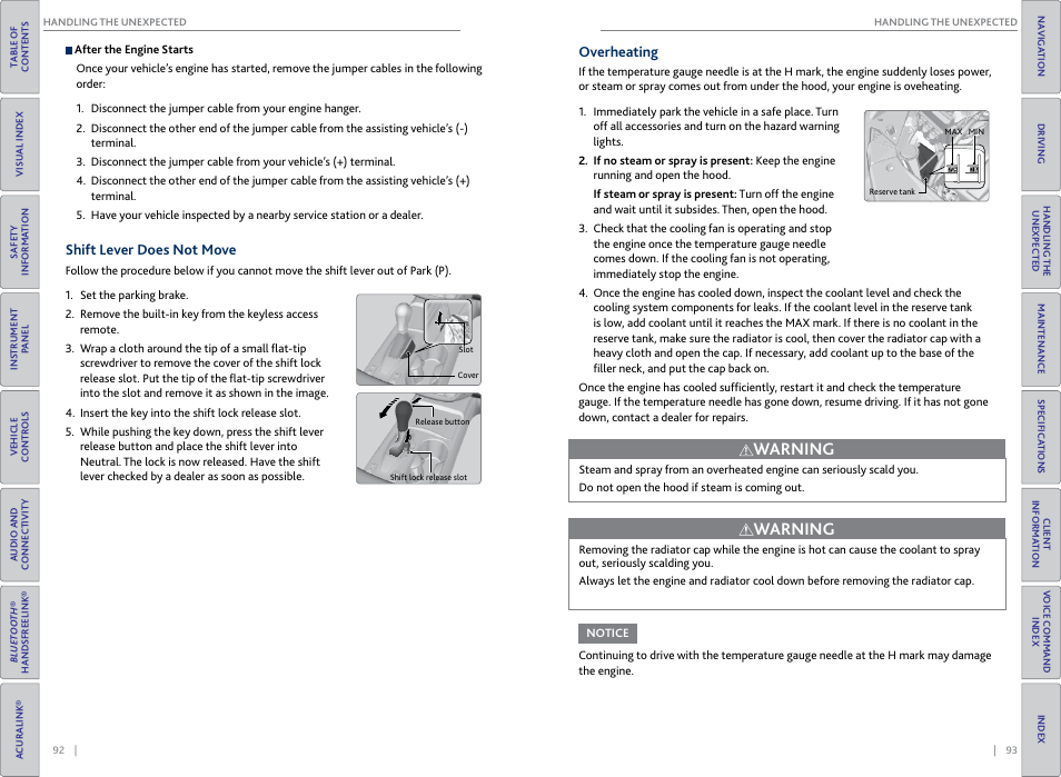 Shift lever does not move, Overheating, Shift lever does not move overheating | Warning | Acura 2015 RDX - Owner's Guide (Revised 10/11/2014) User Manual | Page 50 / 71
