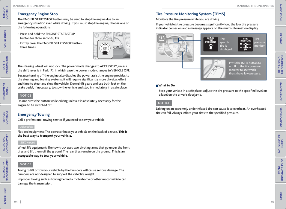 Emergency engine stop, Emergency towing, Tire pressure monitoring system (tpms) | Acura 2015 RDX - Owner's Guide (Revised 10/11/2014) User Manual | Page 51 / 71
