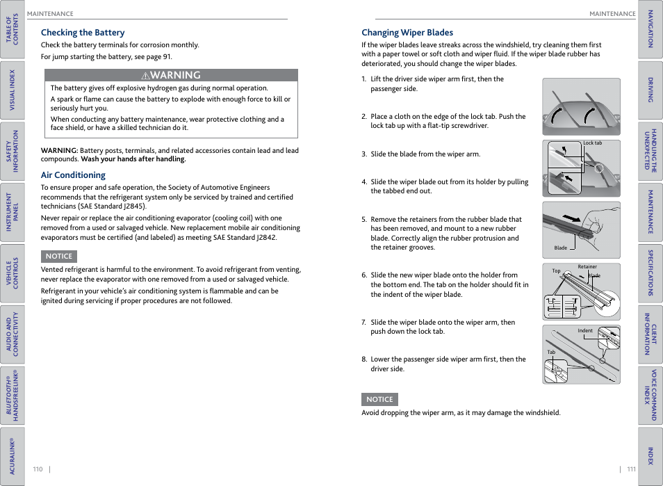 Checking the battery, Air conditioning, Changing wiper blades | Warning | Acura 2015 RDX - Owner's Guide (Revised 10/11/2014) User Manual | Page 59 / 71