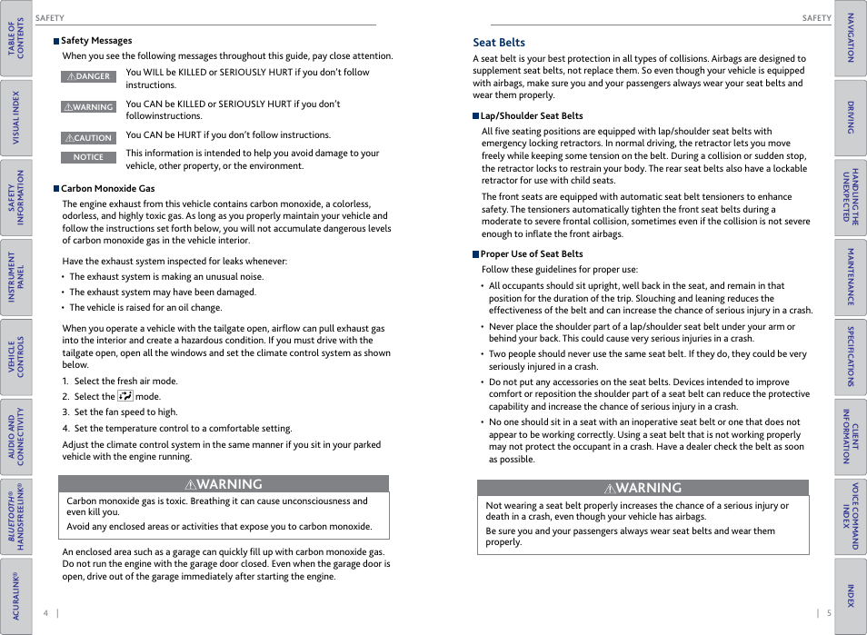 Seat belts, Warning | Acura 2015 RDX - Owner's Guide (Revised 10/11/2014) User Manual | Page 6 / 71