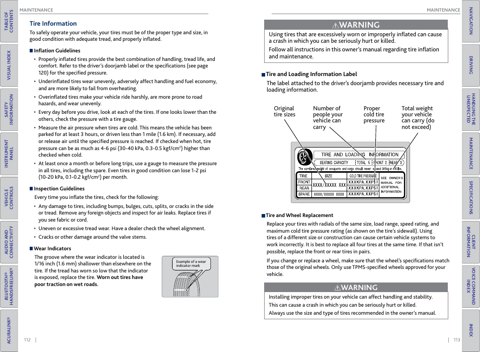 Tire information, Warning | Acura 2015 RDX - Owner's Guide (Revised 10/11/2014) User Manual | Page 60 / 71