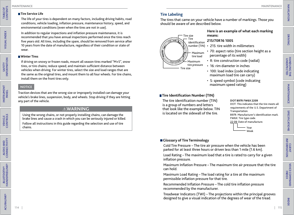 Tire labeling, Warning | Acura 2015 RDX - Owner's Guide (Revised 10/11/2014) User Manual | Page 61 / 71