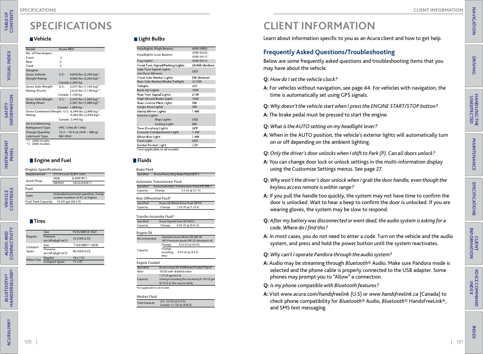 Specifications, Client information, Frequently asked questions/troubleshooting | Client, Informa, Tion, Specifica, Tions, Specifications client information, Frequently asked questions/ troubleshooting | Acura 2015 RDX - Owner's Guide (Revised 10/11/2014) User Manual | Page 64 / 71