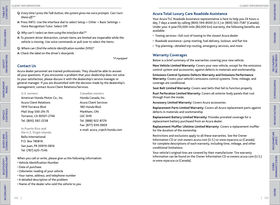 Contact us, Acura total luxury care roadside assistance, Warranty coverages | Acura 2015 RDX - Owner's Guide (Revised 10/11/2014) User Manual | Page 65 / 71