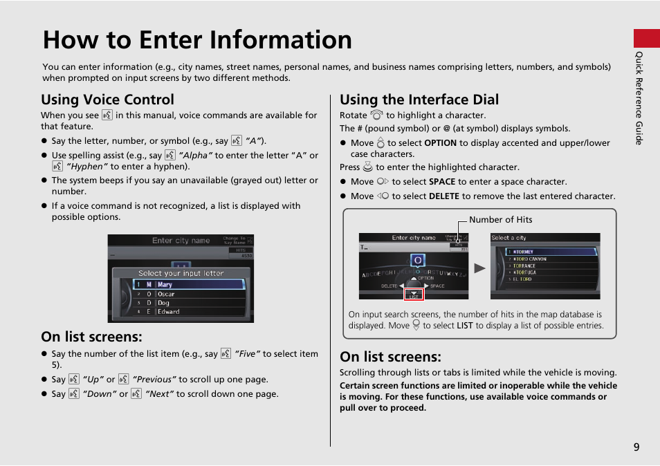 How to enter information, Using voice control, On list screens | Using the interface dial | Acura 2015 RDX - Navigation Manual User Manual | Page 10 / 258