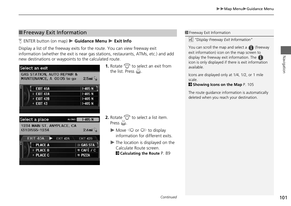 2 freeway exit information, P. 101, Freeway exit information | Acura 2015 RDX - Navigation Manual User Manual | Page 102 / 258
