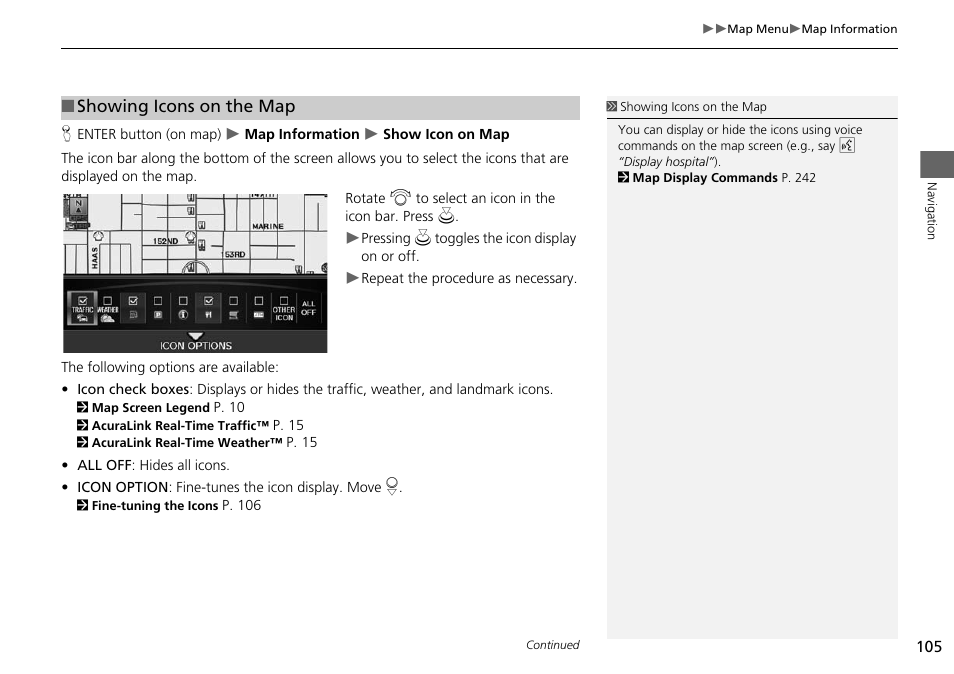 Ndmark icons, P105), 2 showing icons on the map | P. 105, Showing icons on the map | Acura 2015 RDX - Navigation Manual User Manual | Page 106 / 258