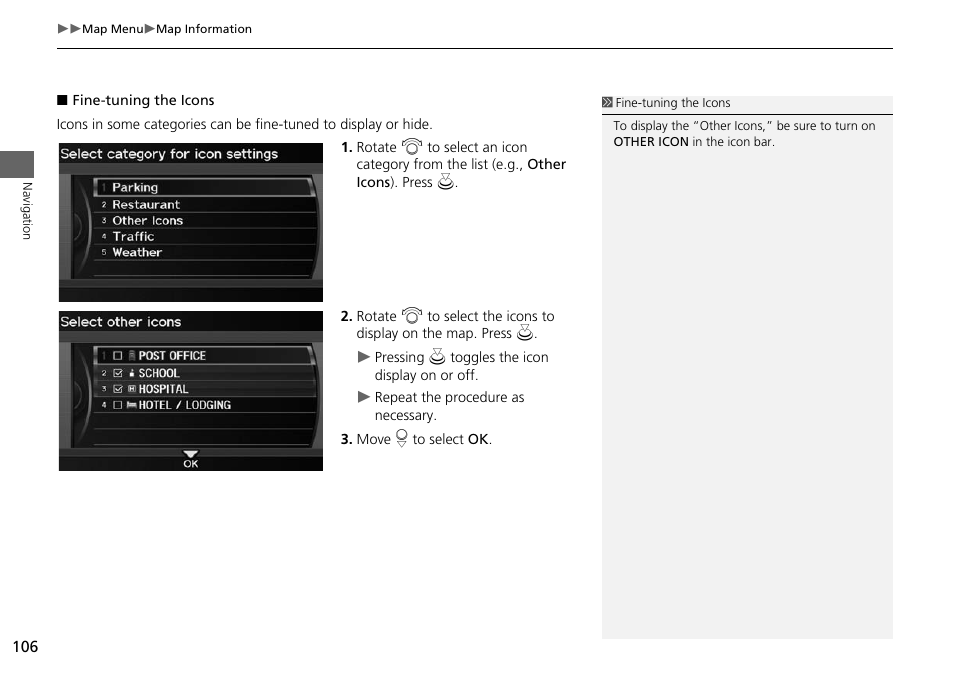2 fine-tuning the icons, P. 106 | Acura 2015 RDX - Navigation Manual User Manual | Page 107 / 258