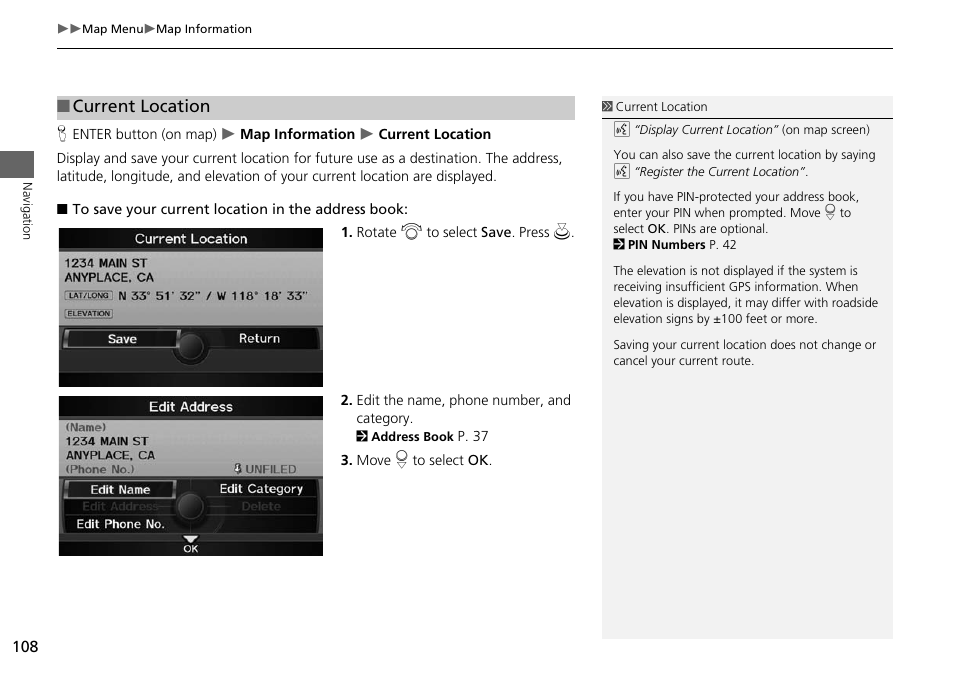 P108), 2 current location, P. 108 | Current location | Acura 2015 RDX - Navigation Manual User Manual | Page 109 / 258