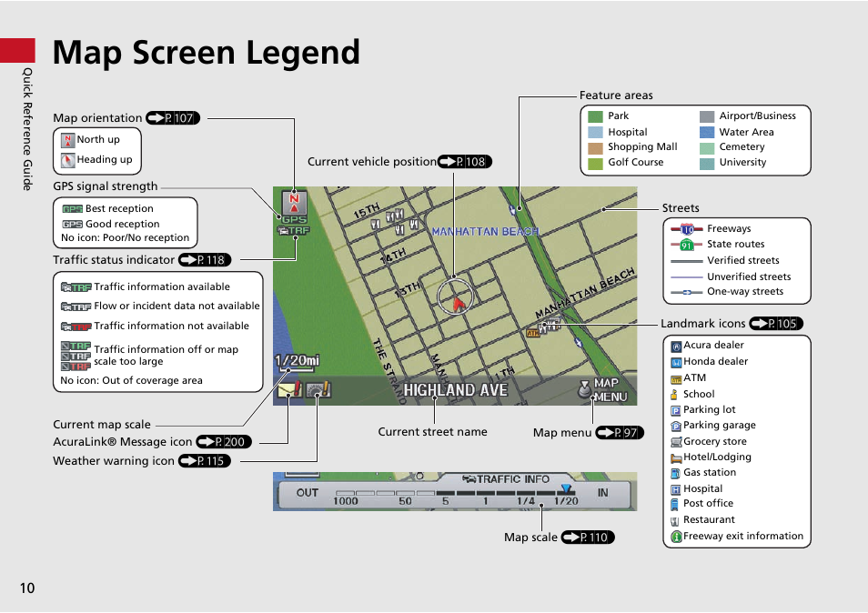 Map screen legend | Acura 2015 RDX - Navigation Manual User Manual | Page 11 / 258