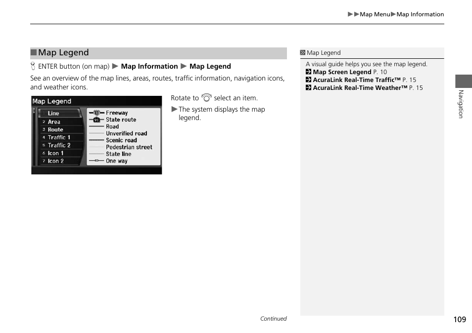2 map legend, P. 109, Map legend | Acura 2015 RDX - Navigation Manual User Manual | Page 110 / 258