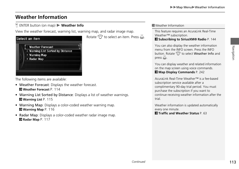 P113), Weather information, 2 weather information | P. 113 | Acura 2015 RDX - Navigation Manual User Manual | Page 114 / 258