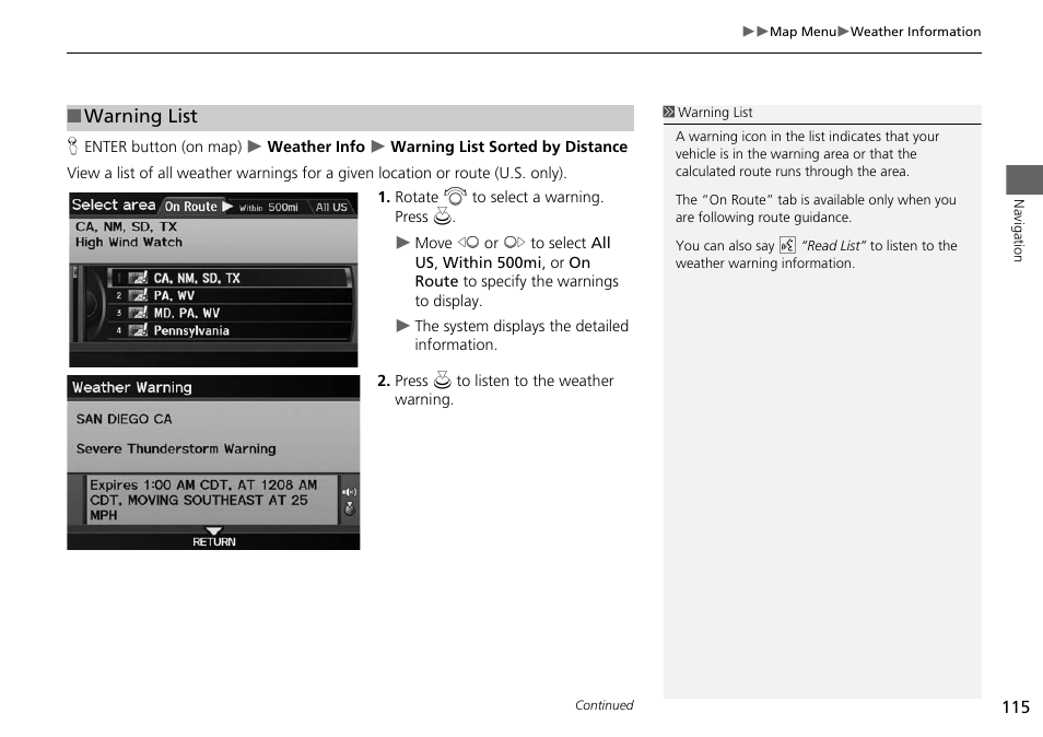 P115), 2 warning list, P. 115 | Warning list | Acura 2015 RDX - Navigation Manual User Manual | Page 116 / 258
