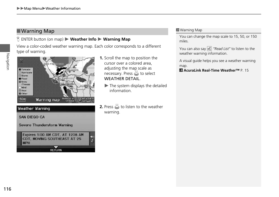 2 warning map, P. 116, Warning map | Acura 2015 RDX - Navigation Manual User Manual | Page 117 / 258
