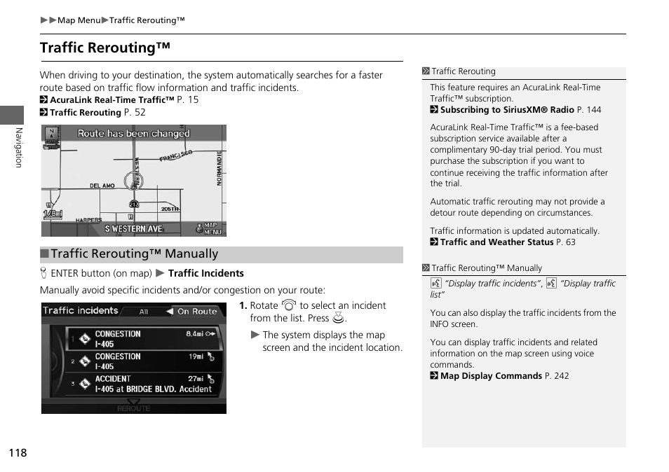 P118), 2 traffic rerouting, P. 118 | Traffic rerouting, 2 traffic rerouting™ p. 118, Traffic rerouting™ manually | Acura 2015 RDX - Navigation Manual User Manual | Page 119 / 258