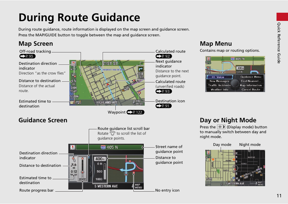 During route guidance, Map screen guidance screen, Map menu | Day or night mode | Acura 2015 RDX - Navigation Manual User Manual | Page 12 / 258