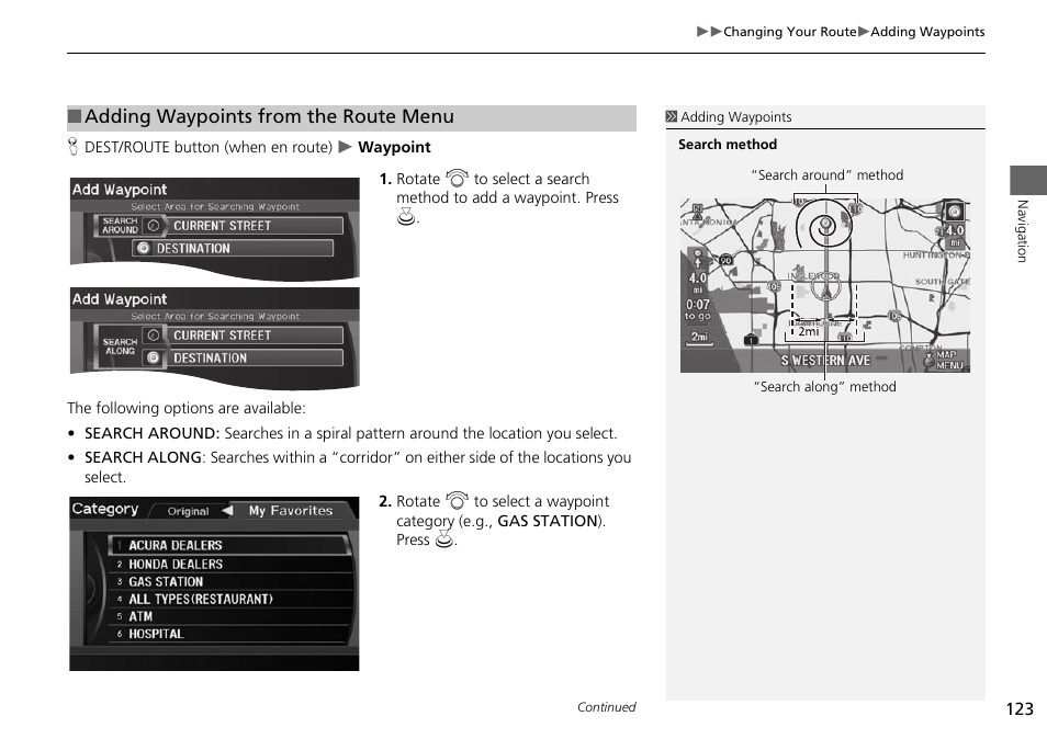 2 adding waypoints from the route menu, P. 123, Adding waypoints from the route menu | Acura 2015 RDX - Navigation Manual User Manual | Page 124 / 258