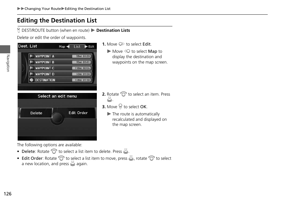 Editing the destination list, 2 editing the destination list p. 126, 2 editing the destination list | P. 126 | Acura 2015 RDX - Navigation Manual User Manual | Page 127 / 258