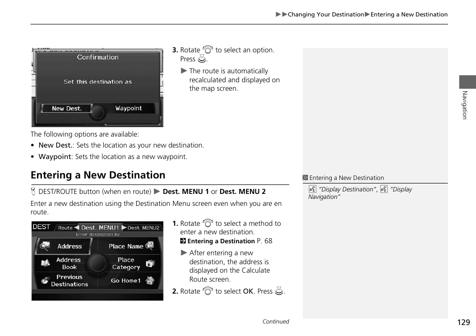 P129), Entering a new destination | Acura 2015 RDX - Navigation Manual User Manual | Page 130 / 258