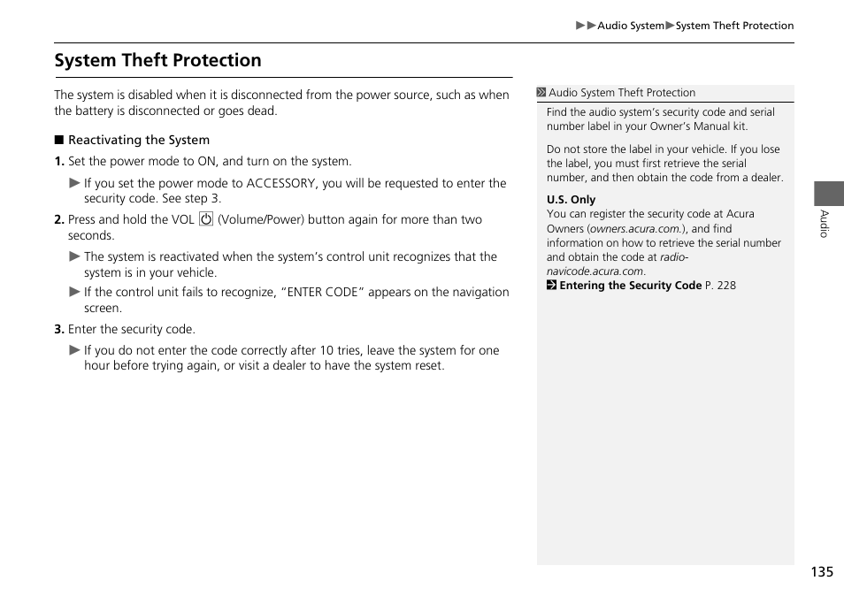 System theft protection | Acura 2015 RDX - Navigation Manual User Manual | Page 136 / 258