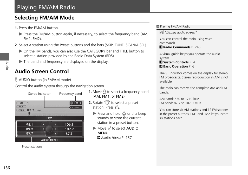 Playing fm/am radio 136, P136), Fm/am radio | Playing fm/am radio, Selecting fm/am mode audio screen control, Selecting fm/am mode, Audio screen control | Acura 2015 RDX - Navigation Manual User Manual | Page 137 / 258