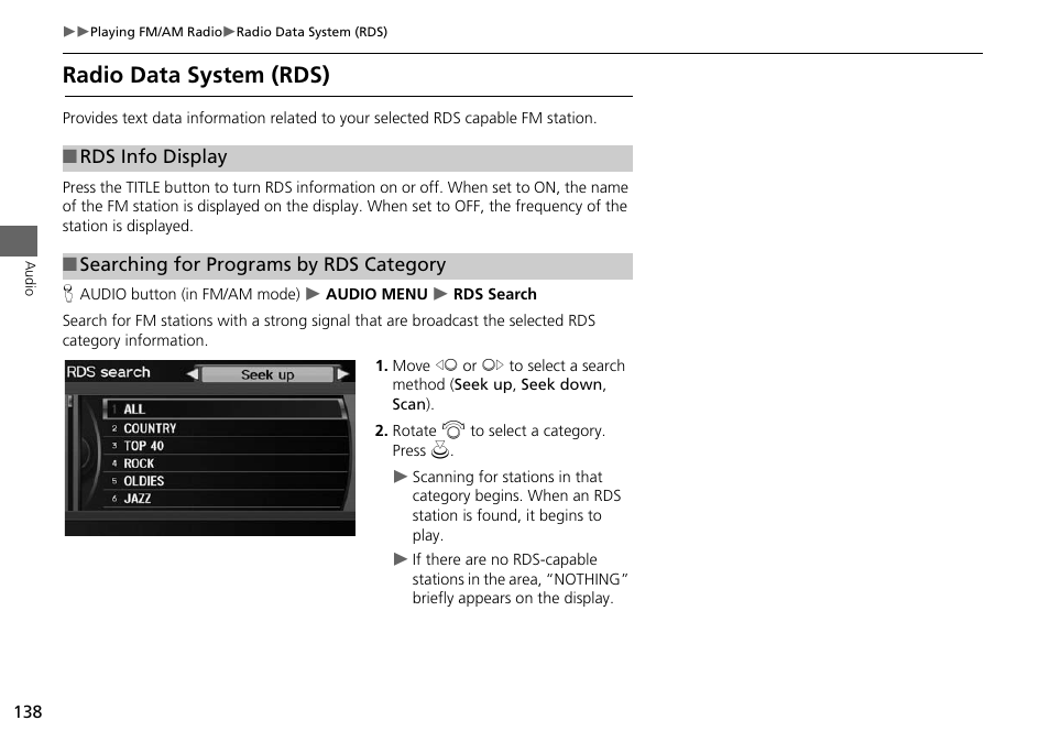 Radio data system (rds), 2 searching for programs by rds category, P. 138 | Acura 2015 RDX - Navigation Manual User Manual | Page 139 / 258