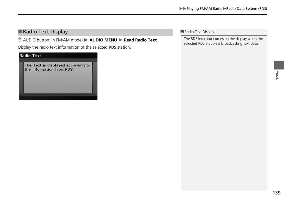 2 radio text display, P. 139, Radio text display | Acura 2015 RDX - Navigation Manual User Manual | Page 140 / 258