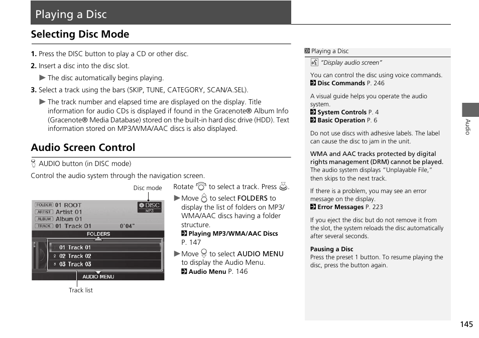 Playing a disc 145, P145), Tton | Playing a disc, Selecting disc mode audio screen control, Selecting disc mode, Audio screen control | Acura 2015 RDX - Navigation Manual User Manual | Page 146 / 258