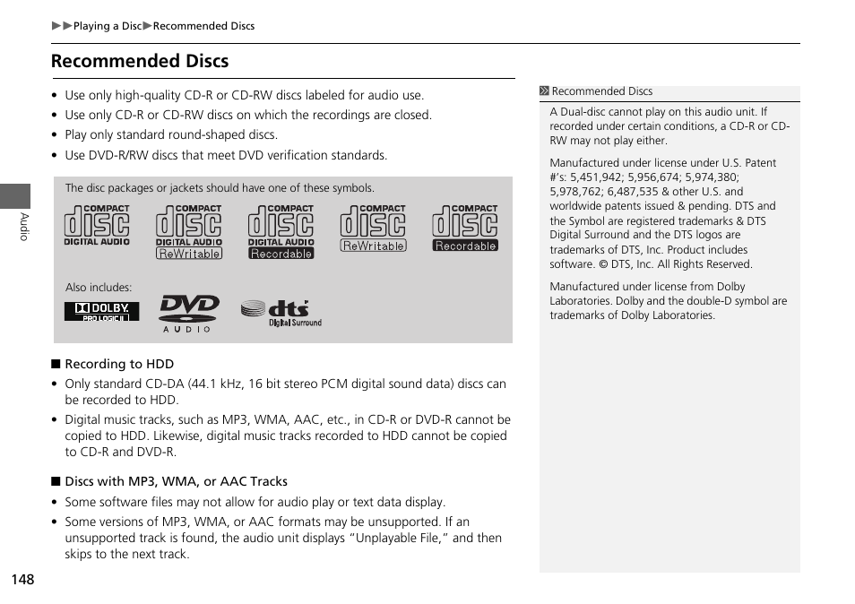 Recommended discs | Acura 2015 RDX - Navigation Manual User Manual | Page 149 / 258