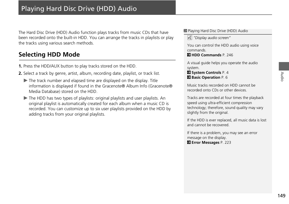 Playing hard disc drive (hdd) audio 149, P149), Hard disk drive (hdd) | Playing hard disc drive (hdd) audio, Selecting hdd mode | Acura 2015 RDX - Navigation Manual User Manual | Page 150 / 258