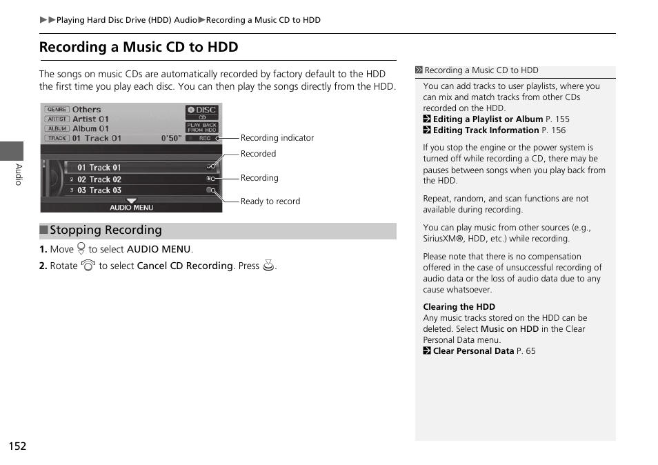 Recording a music cd to hdd, 2 recording a music cd to hdd, P. 152 | Stopping recording | Acura 2015 RDX - Navigation Manual User Manual | Page 153 / 258